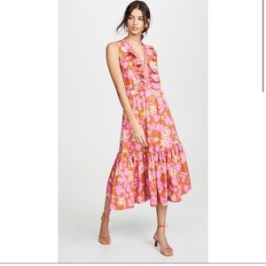 Warm Sierra Floral Pink Tiered Midi Dress Sz 1 US 2-4 100% Cotton Poplin Ruffle